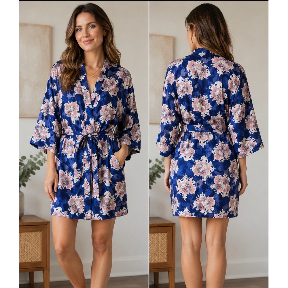 VTG Jo Intimates Navy Blue Pink Floral Damask Satin Kimono Robe Medium Hong Kong